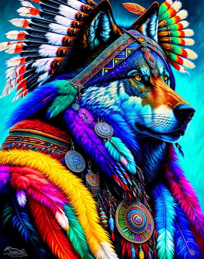 Colorful Digital Art: Wolf in Native American Regalia