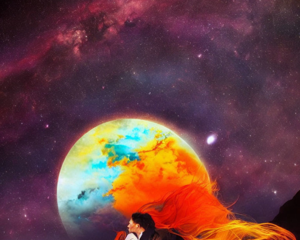 Couple Embraces Under Surreal Sky with Colorful Planet and Cosmos