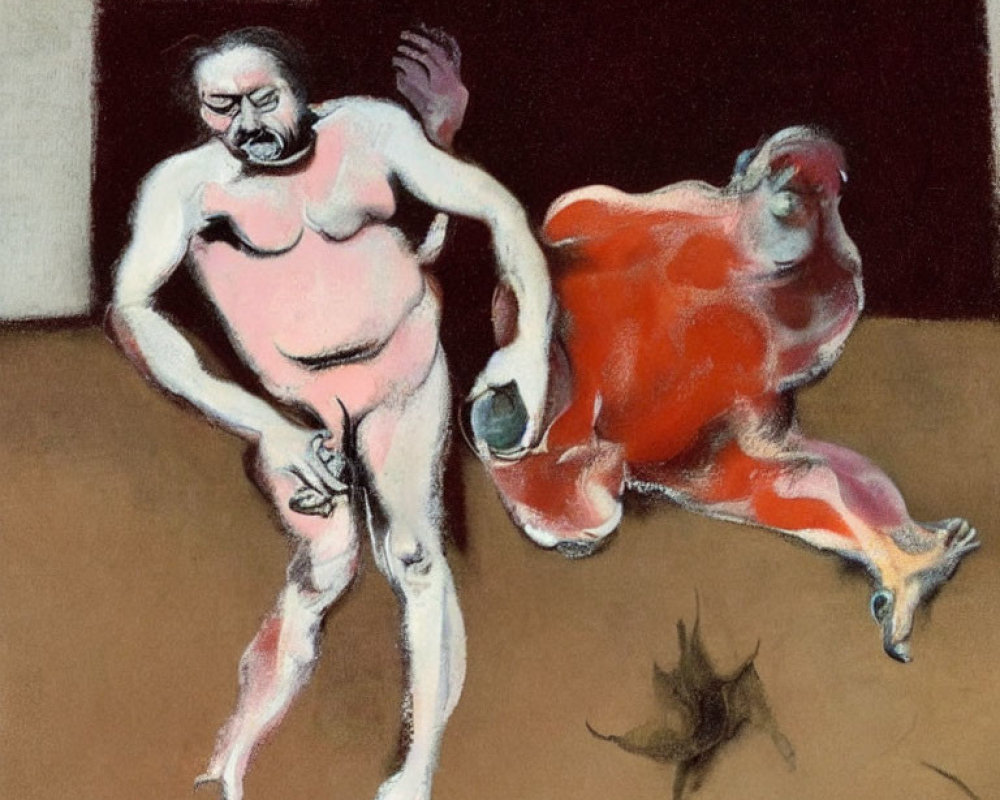 Stylized painting of two corpulent figures in motion