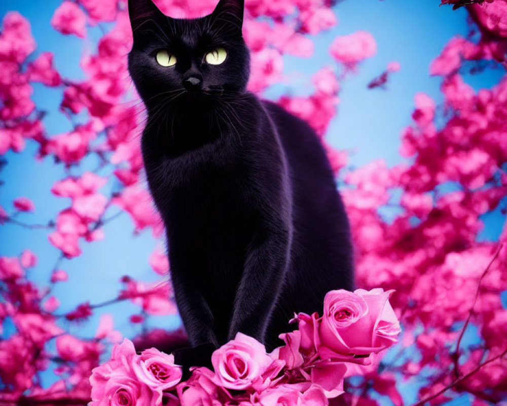 Black Cat with Yellow Eyes Among Pink Roses on Blue Background