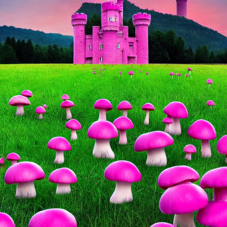 Pink Mushrooms in Green Field with Pink Castle and Twilight Sky