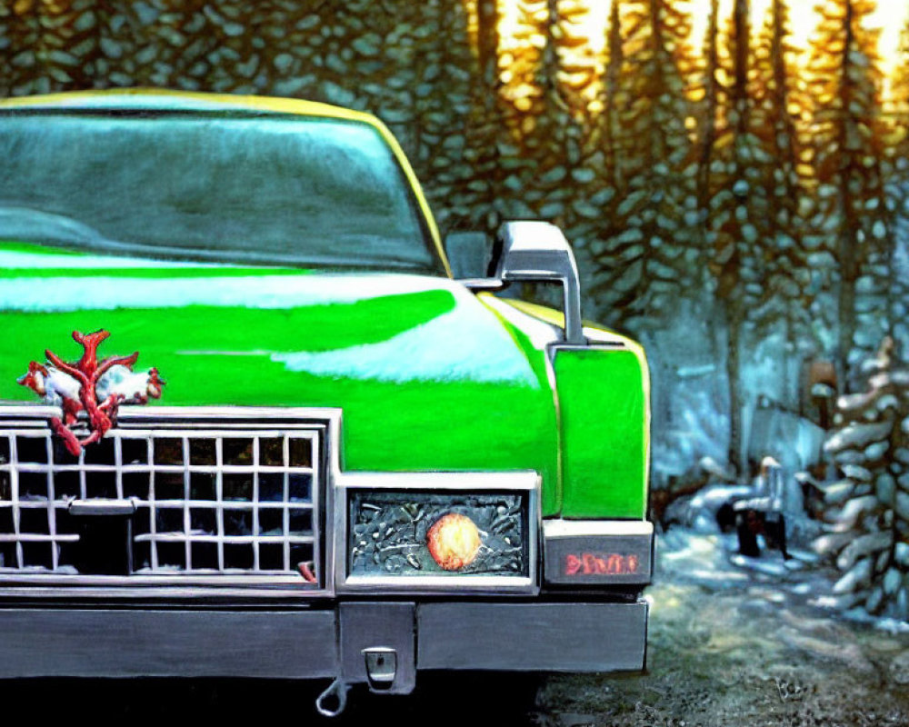 Vintage green car with red ornament in forest setting among tall pine trees