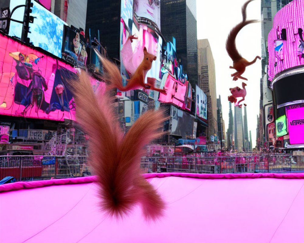 Squirrels on pink surface with Times Square billboards.