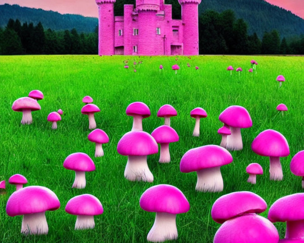 Pink Mushrooms in Green Field with Pink Castle and Twilight Sky