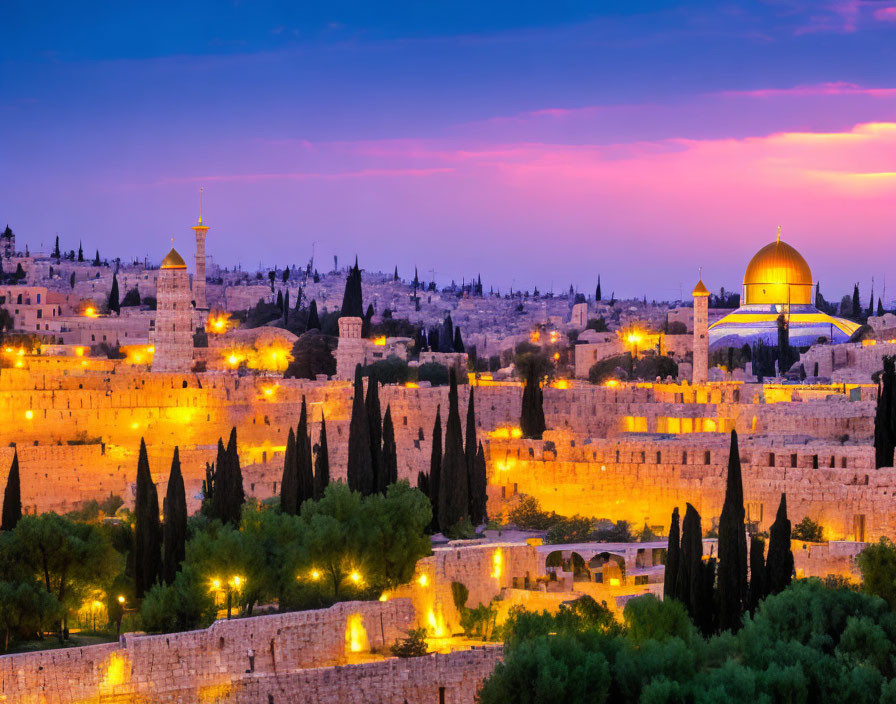 Panoramic view: Jerusalem at dusk with Dome of the Rock and ancient city walls against purple sky