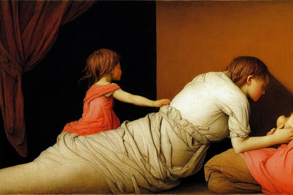 Classical painting featuring three figures in red, brown, and a woman's back