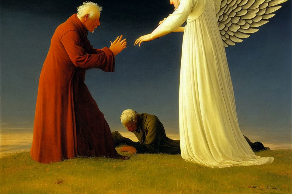 Elderly Man Blessing Woman with Angel in Luminous Sky