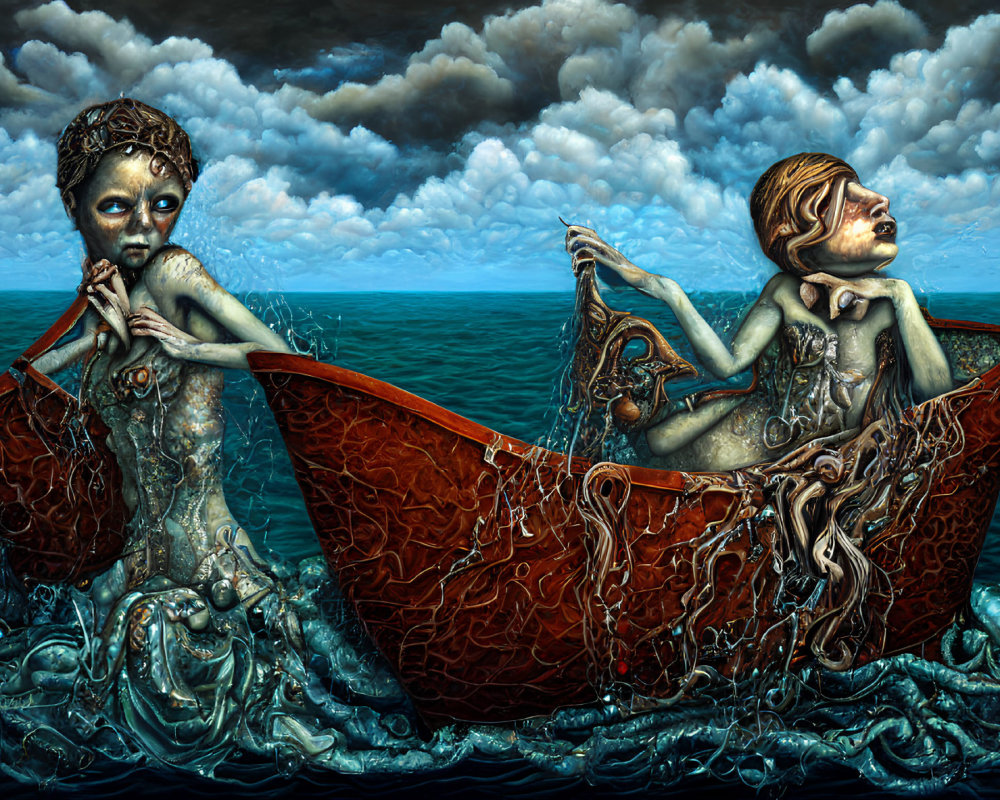 Surreal artwork: Two figures with mechanical attributes in broken boat amid stormy sky & tumultuous