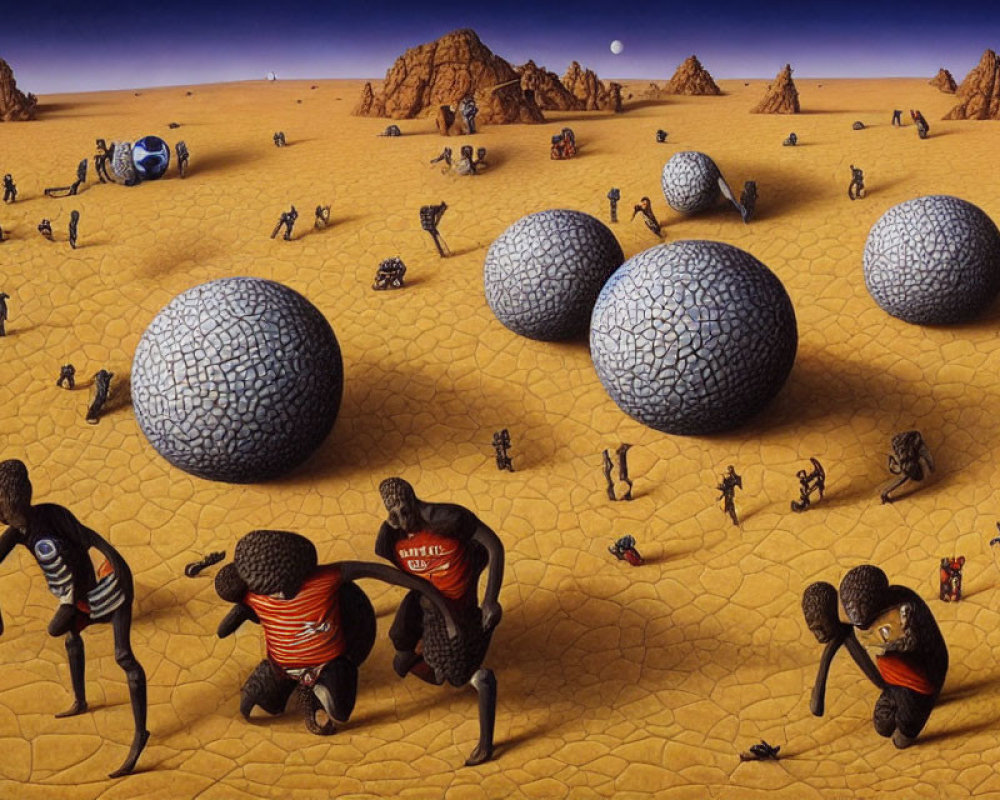 Soccer-themed surreal desert landscape with cracked spheres and figures intermingled.