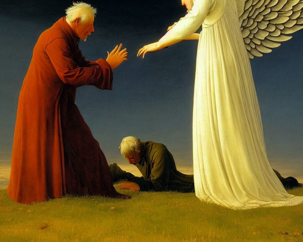 Elderly Man Blessing Woman with Angel in Luminous Sky