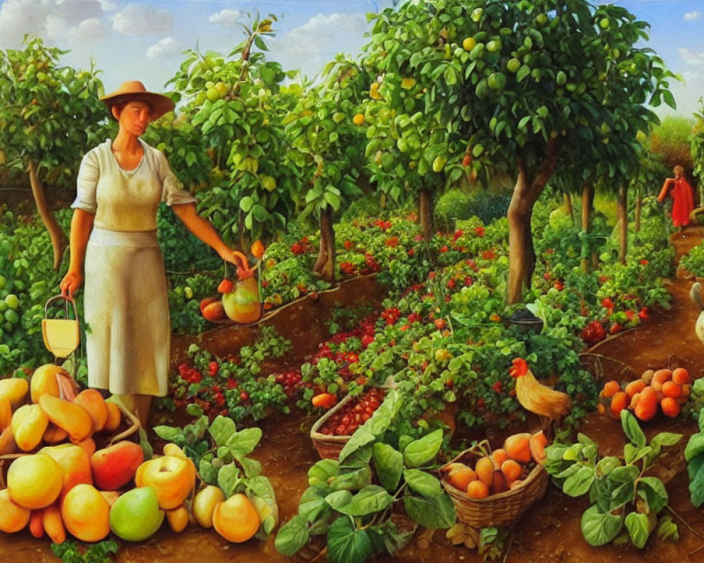Colorful Fruit Orchard Painting with People Picking Fruits