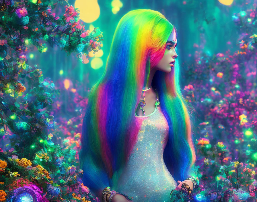 Colorful portrait of person with rainbow hair in neon floral setting