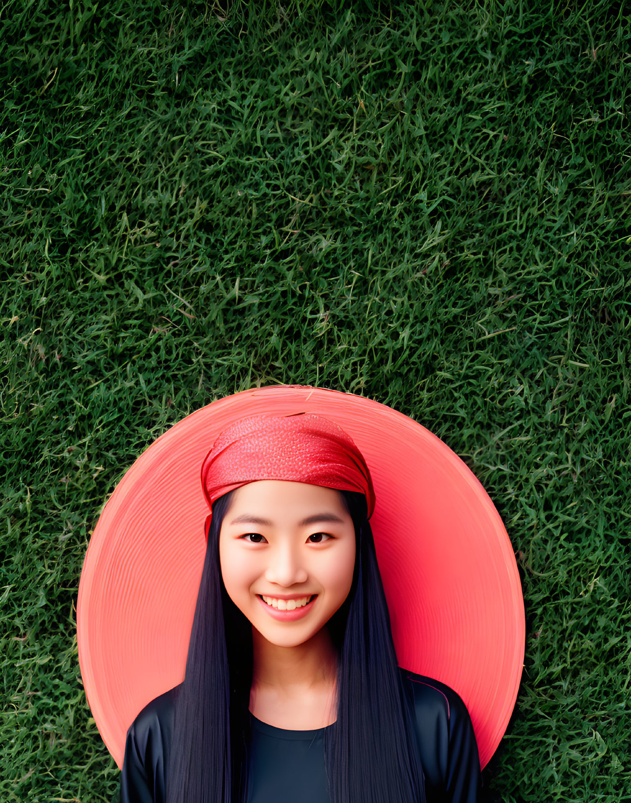 Young Woman with Black Hair and Red Hat Smiling on Green Grass
