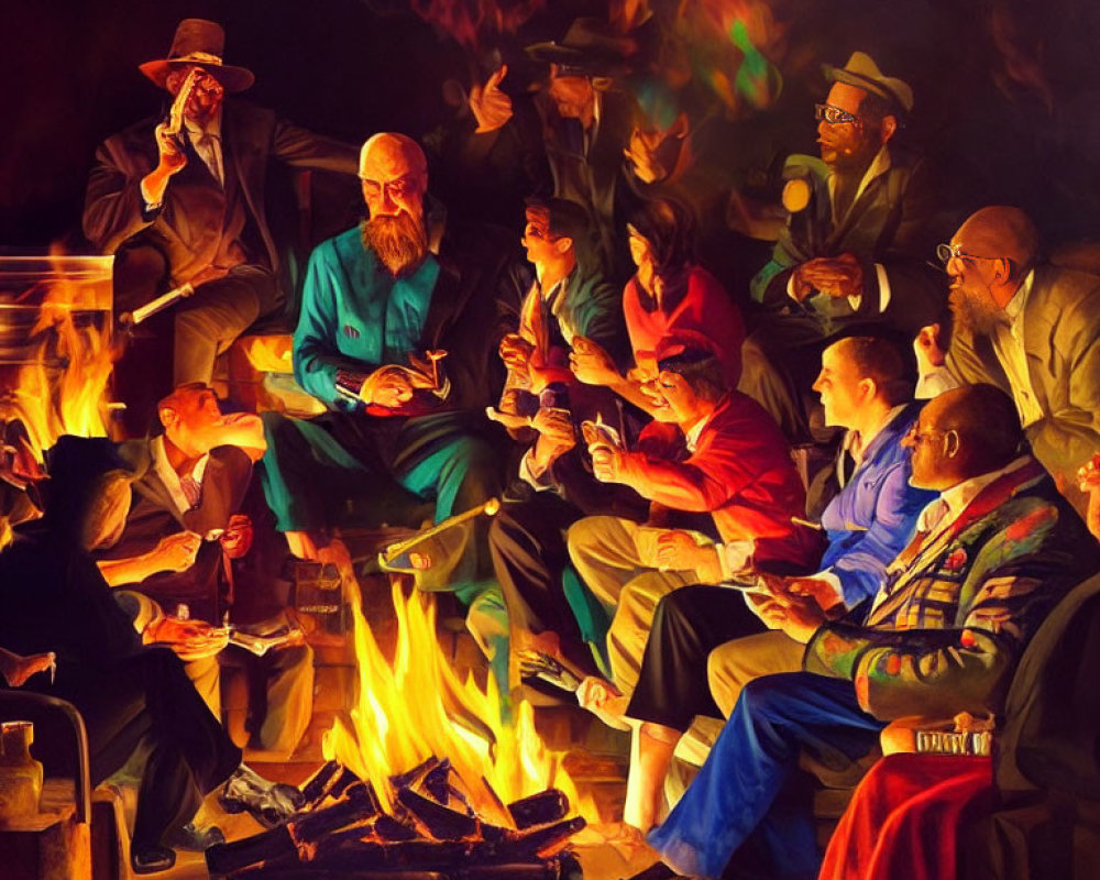 Elegantly Dressed People Chatting Around Night Campfire