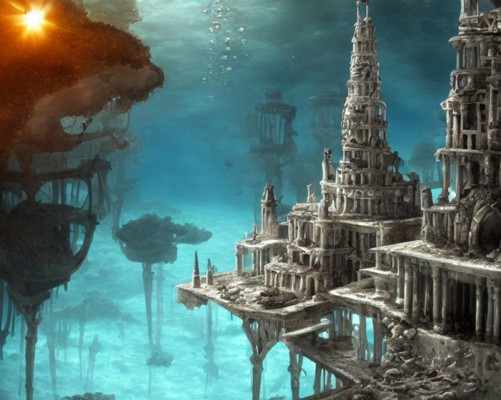 Ancient towering structures in an underwater city with marine flora and sunbeams.