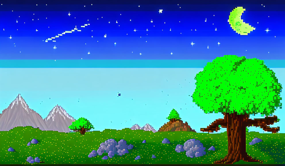 Pixelated night landscape with crescent moon, shooting stars, mountains, tree, and purple flowers.