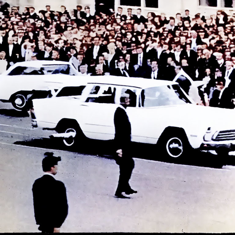 Vintage photo: crowd behind white car with prominent figure.