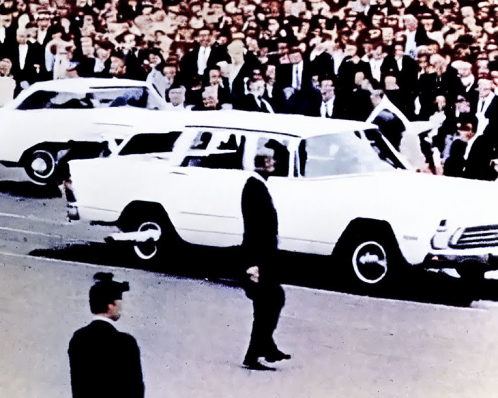 Vintage photo: crowd behind white car with prominent figure.