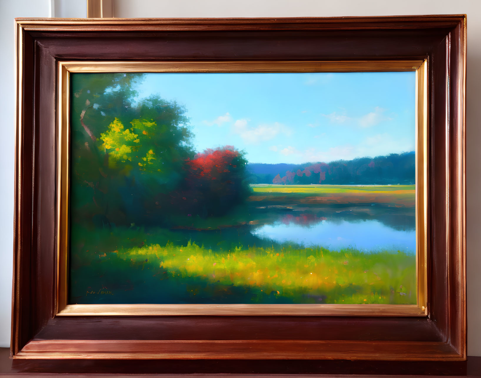 Serene landscape painting of lake and lush trees