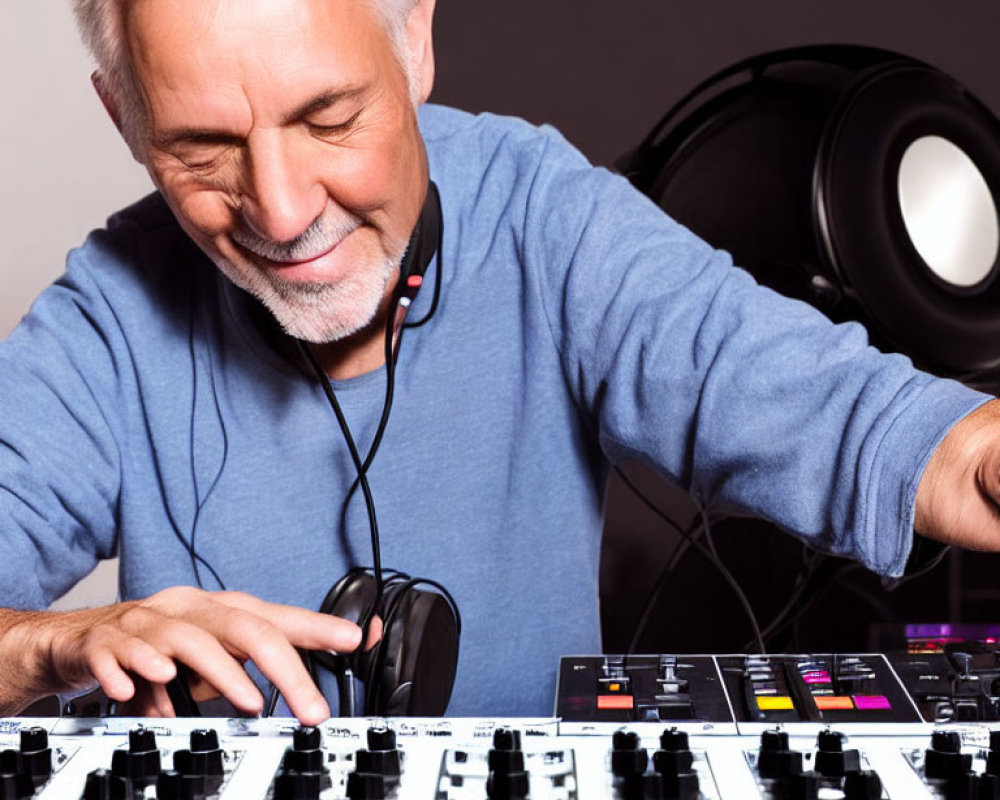 Mature man DJs at mixing console with headphones