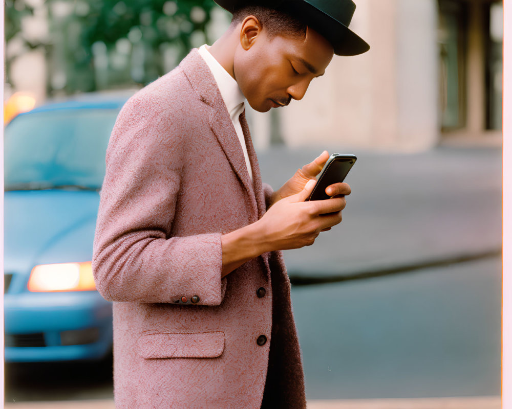 Fashionable man in pink coat and fedora hat on city street with smartphone
