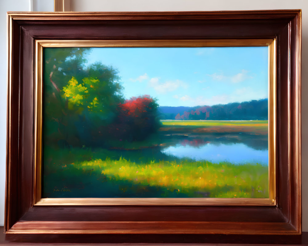 Serene landscape painting of lake and lush trees