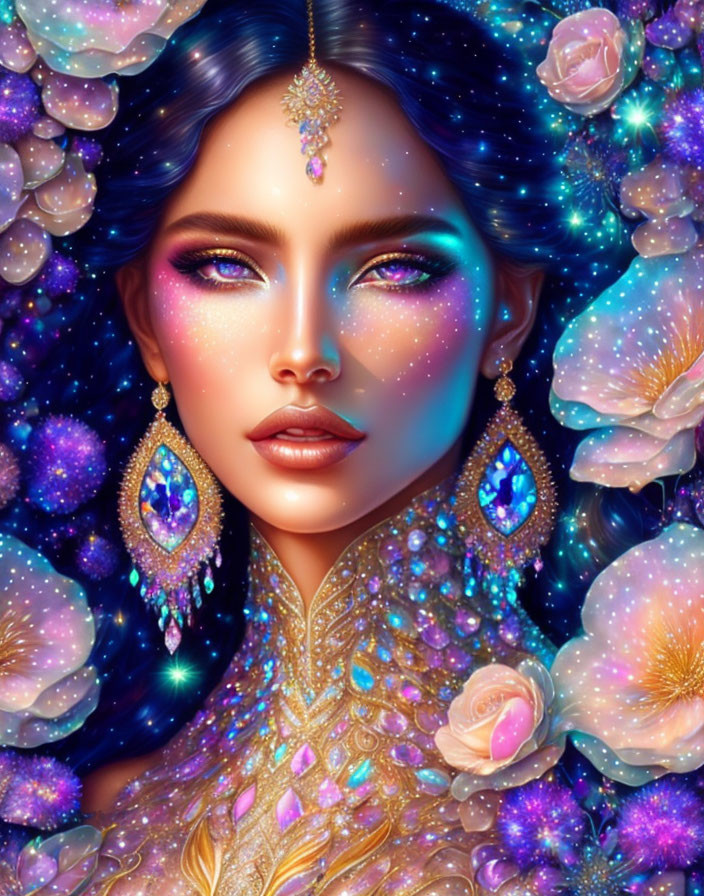 Cosmic-themed digital art portrait of a woman with vibrant flowers and starry accents