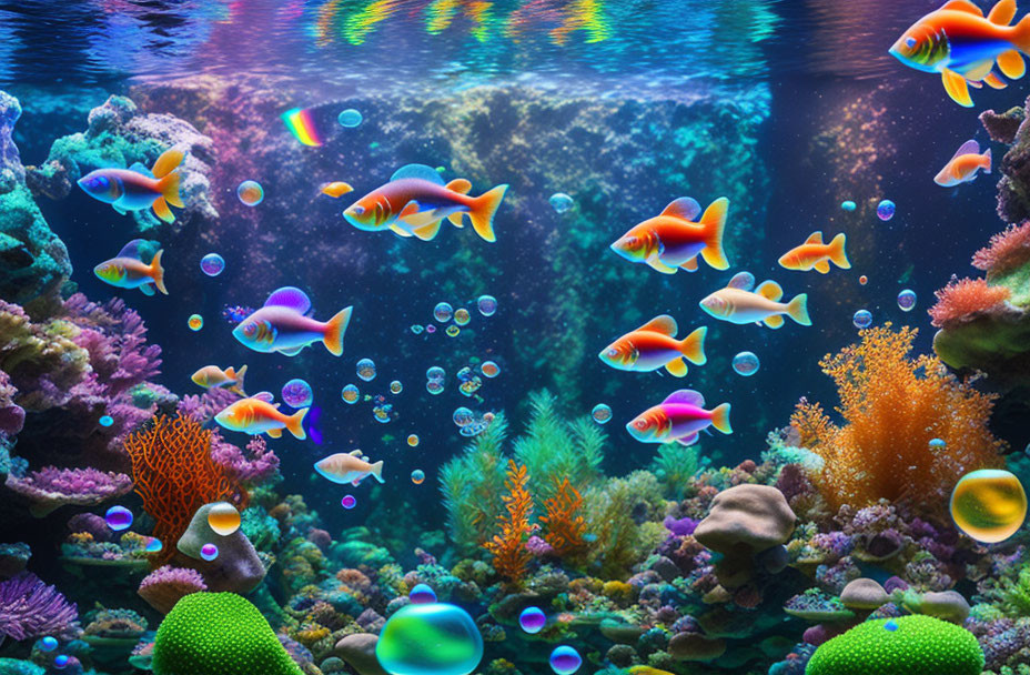 Colorful Fish Swimming Among Coral in Well-Lit Aquarium