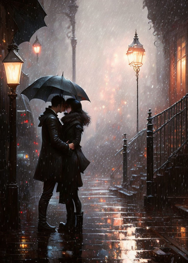 Romantic couple kissing under umbrella on rainy cobblestone street