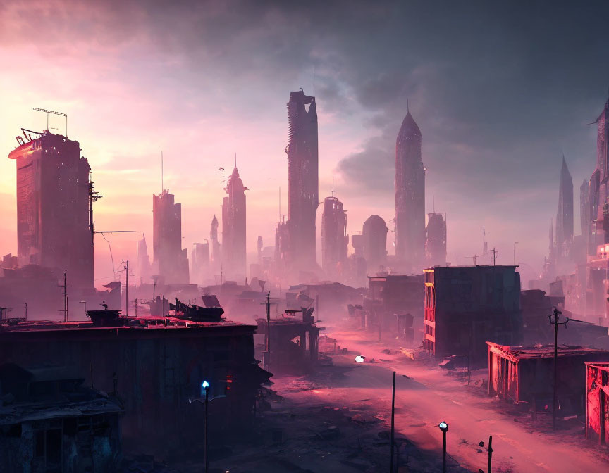 Dystopian cityscape at twilight with dilapidated buildings and hazy pinkish sky