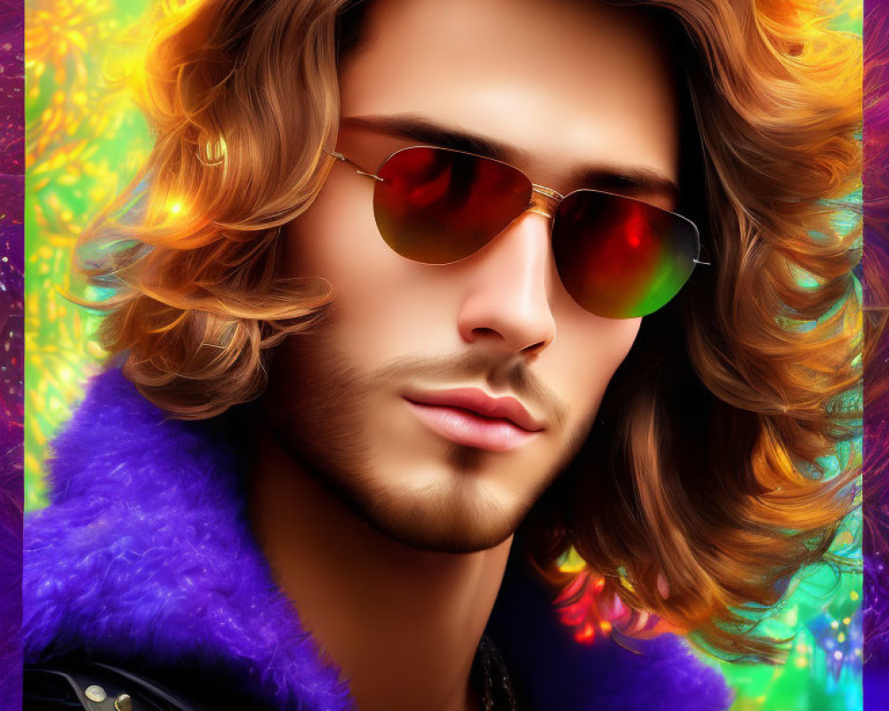 Man with Wavy Brown Hair in Aviator Sunglasses and Fur-Collar Jacket