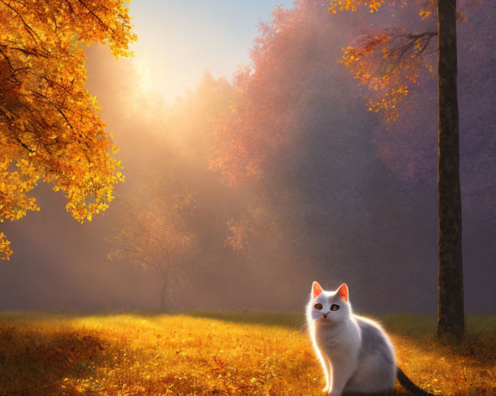 White Cat with Striking Eyes in Autumn Forest Setting