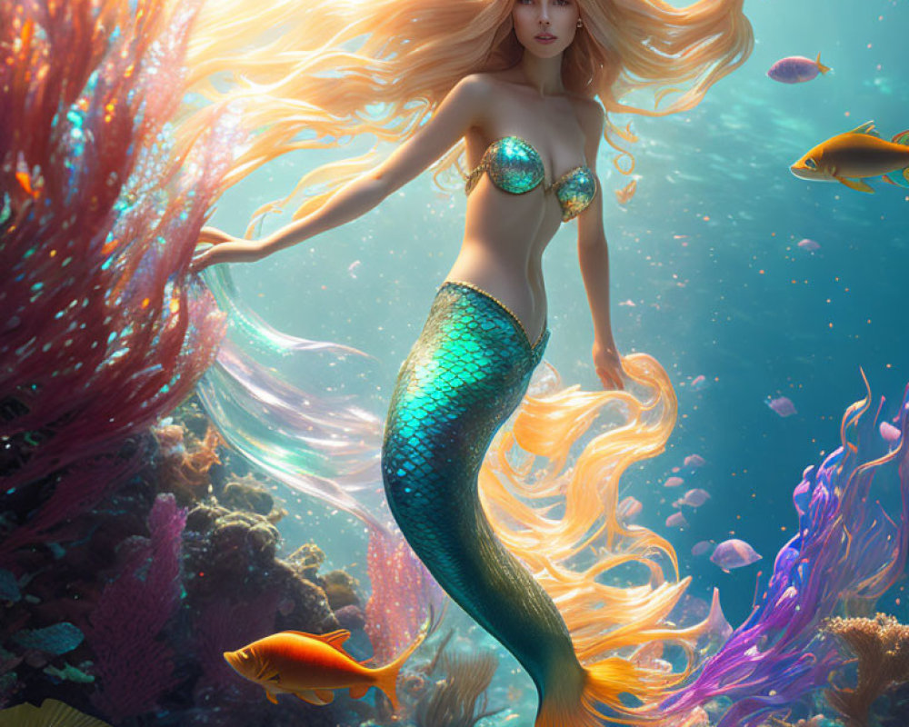 Mermaid swimming in colorful coral with fish in sunlit underwater scene