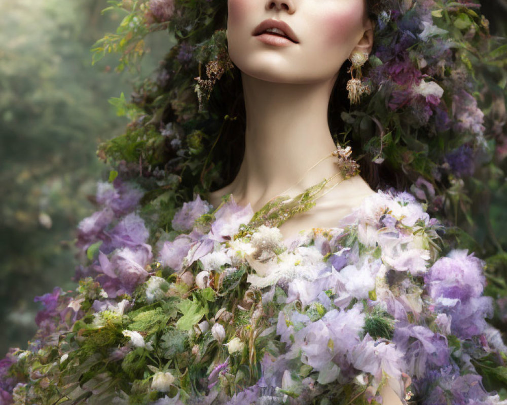 Woman with Floral Adornments in Whimsical Nature Scene