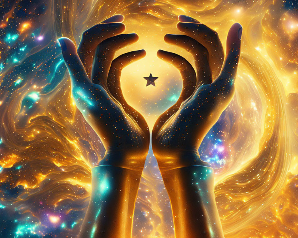 Cosmic scene: Two hands cradle star in swirling galaxy backdrop