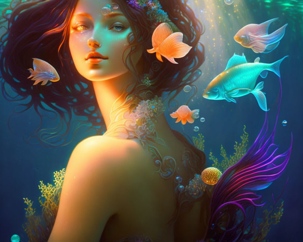 Colorful Mermaid with Fish and Corals in Deep Sea Blues and Vibrant Flora Hues