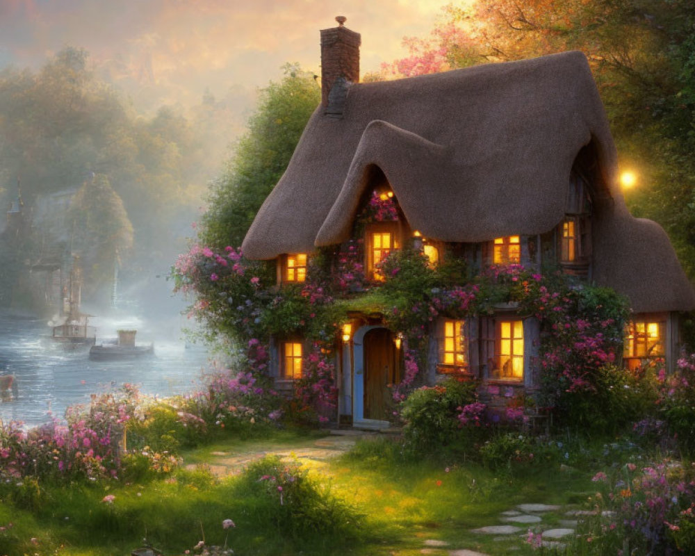 Thatched cottage with pink flowers, river, and sunset light