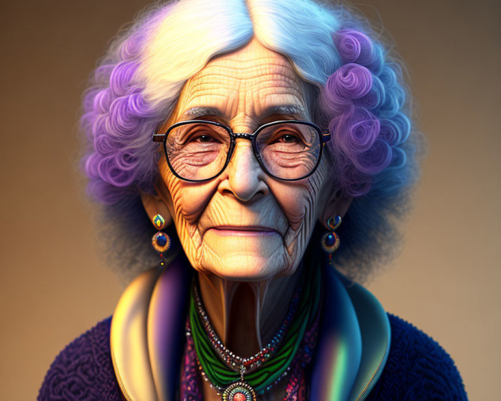 Elderly Woman with Glasses, Purple Hair, Colorful Jewelry