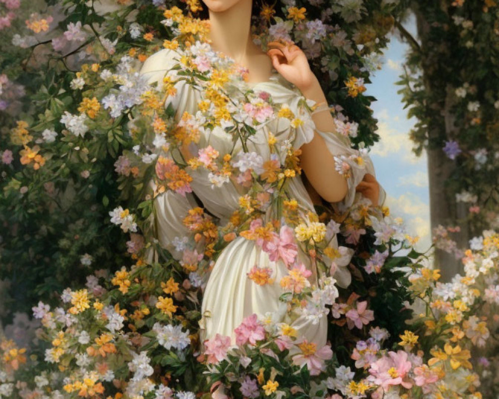 Woman with Floral Wreath Surrounded by Colorful Flowers