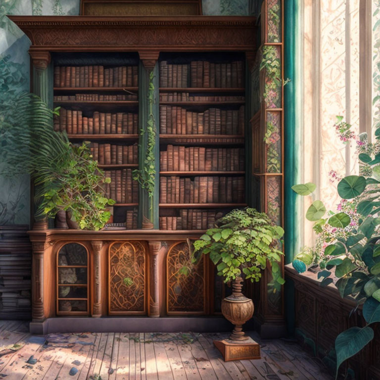 Wooden bookcase with intricate carvings, potted plants, large window, and sheer curtains