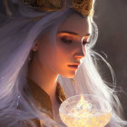 Silver-haired figure with golden crown holding radiant orb.