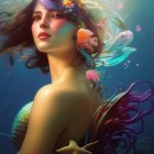 Colorful Mermaid with Fish and Corals in Deep Sea Blues and Vibrant Flora Hues