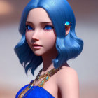 Digital 3D portrait: Female with bright blue hair, blue eyes, blue top, gold neck