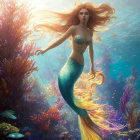 Mermaid swimming in colorful coral with fish in sunlit underwater scene