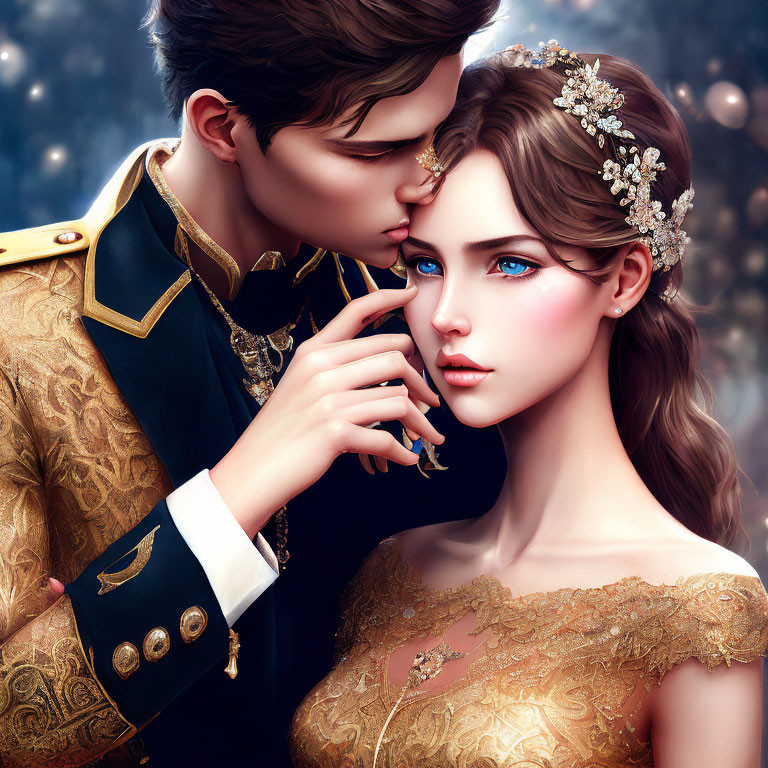 Romantic couple in regal attire with intricate details
