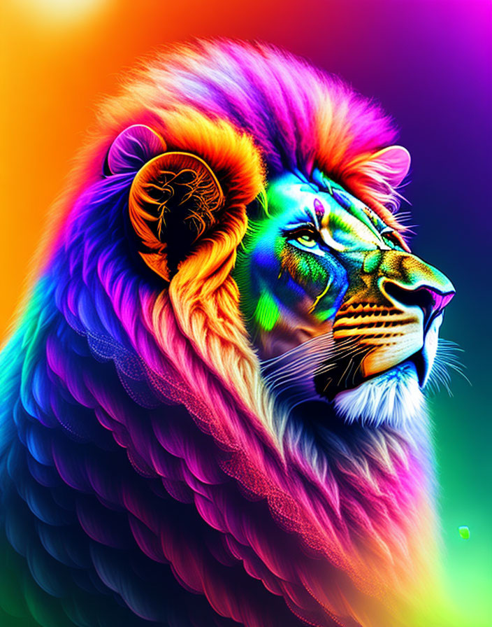 Colorful Lion Portrait with Neon Rainbow Mane