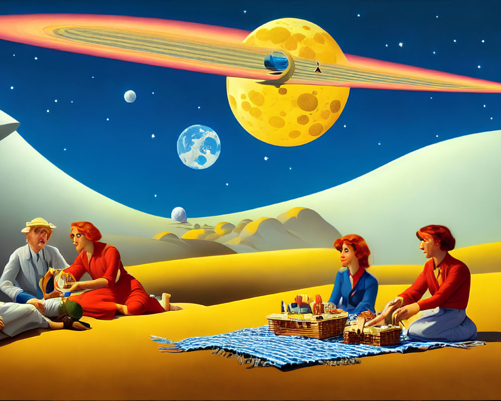 Retro-futuristic painting: Alien planet picnic with two groups and dramatic space backdrop