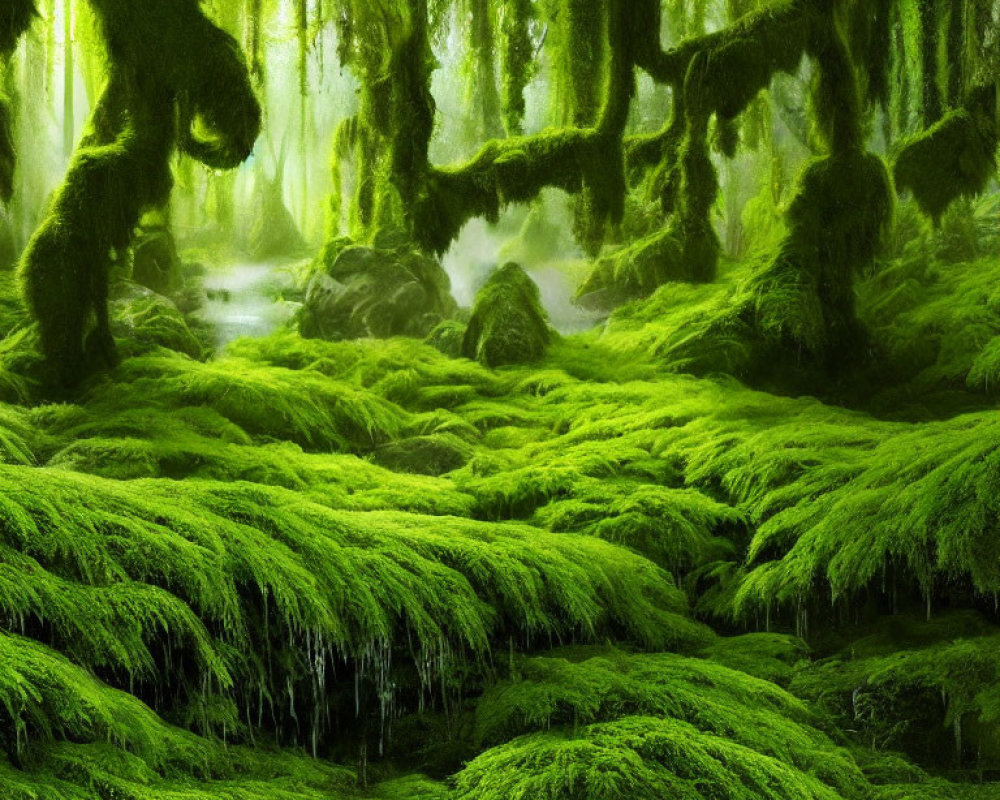 Lush green forest with moss-covered trees and foggy atmosphere