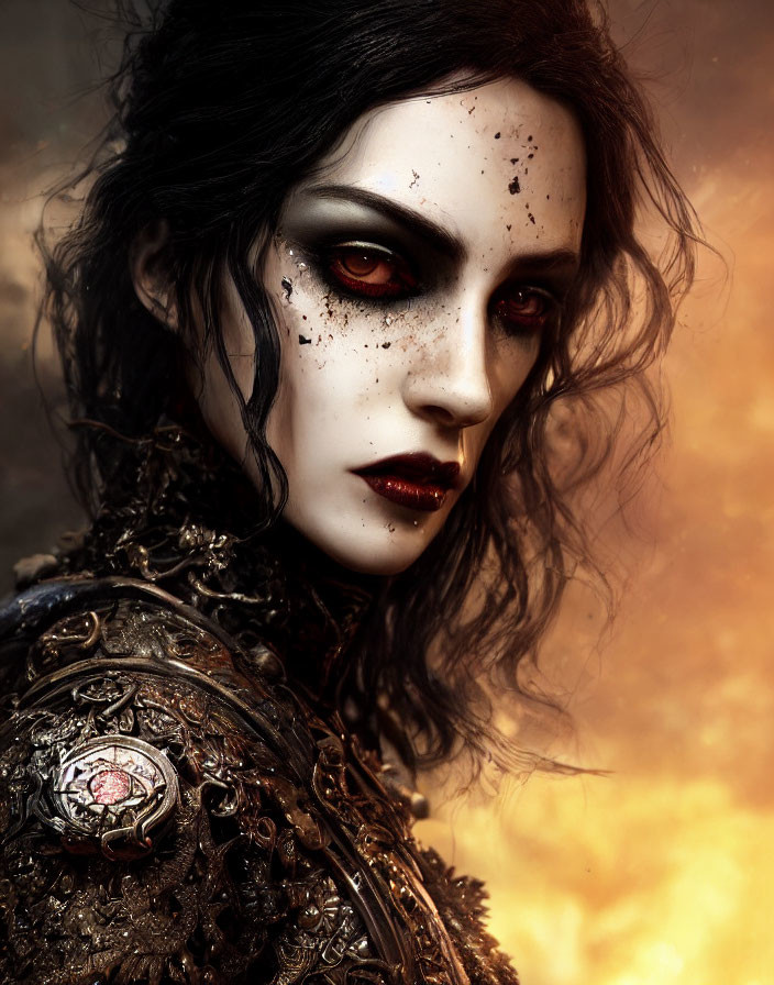 Dark makeup woman in ornate black armor with red eyes and intricate speckles on smoky background