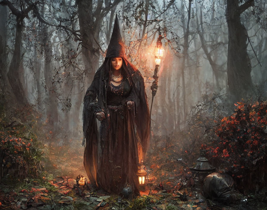 Cloaked figure with lantern in misty autumn forest with red foliage